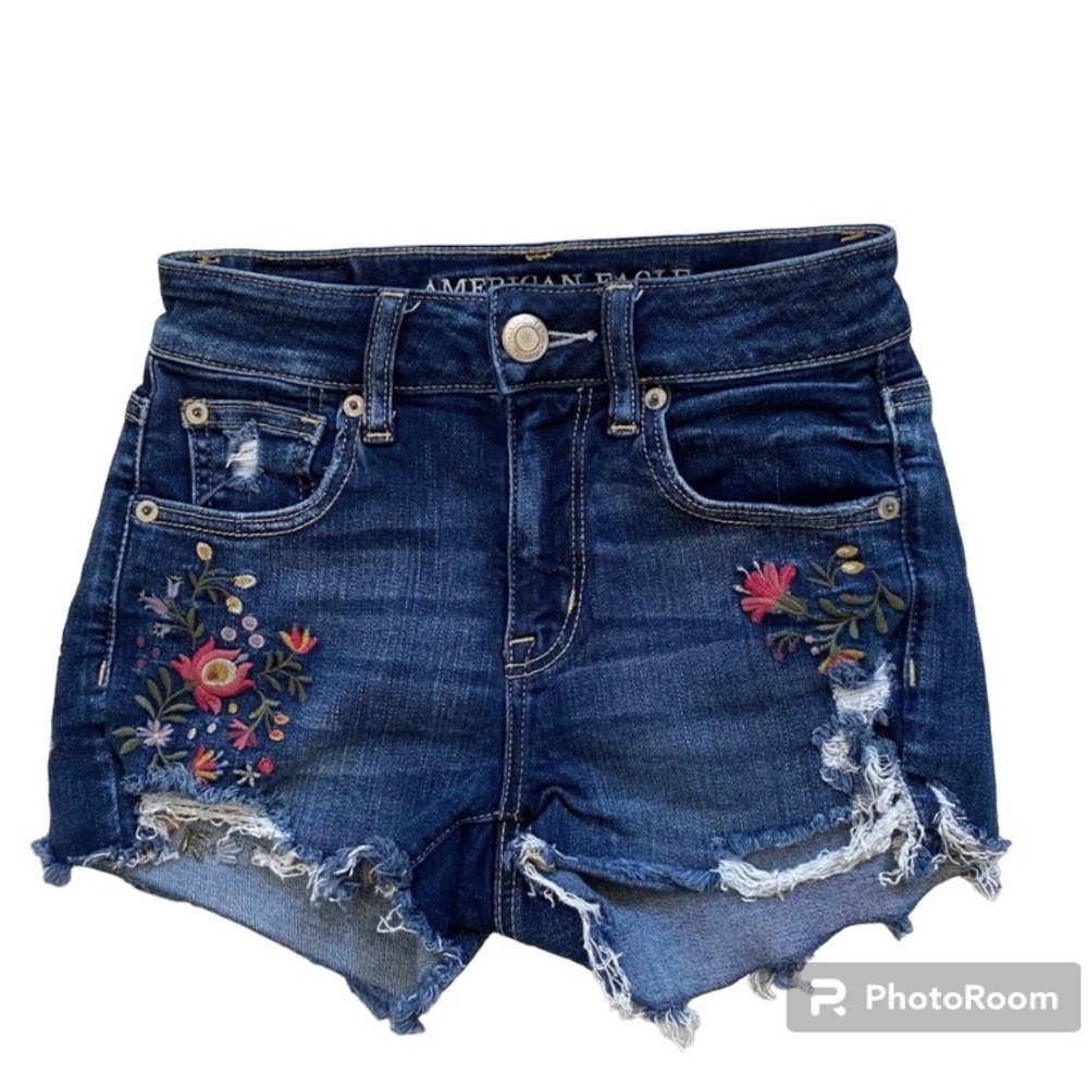 American Eagle Hi-Rise Shortie Blue Denim Shorts With Embroidered Flower…